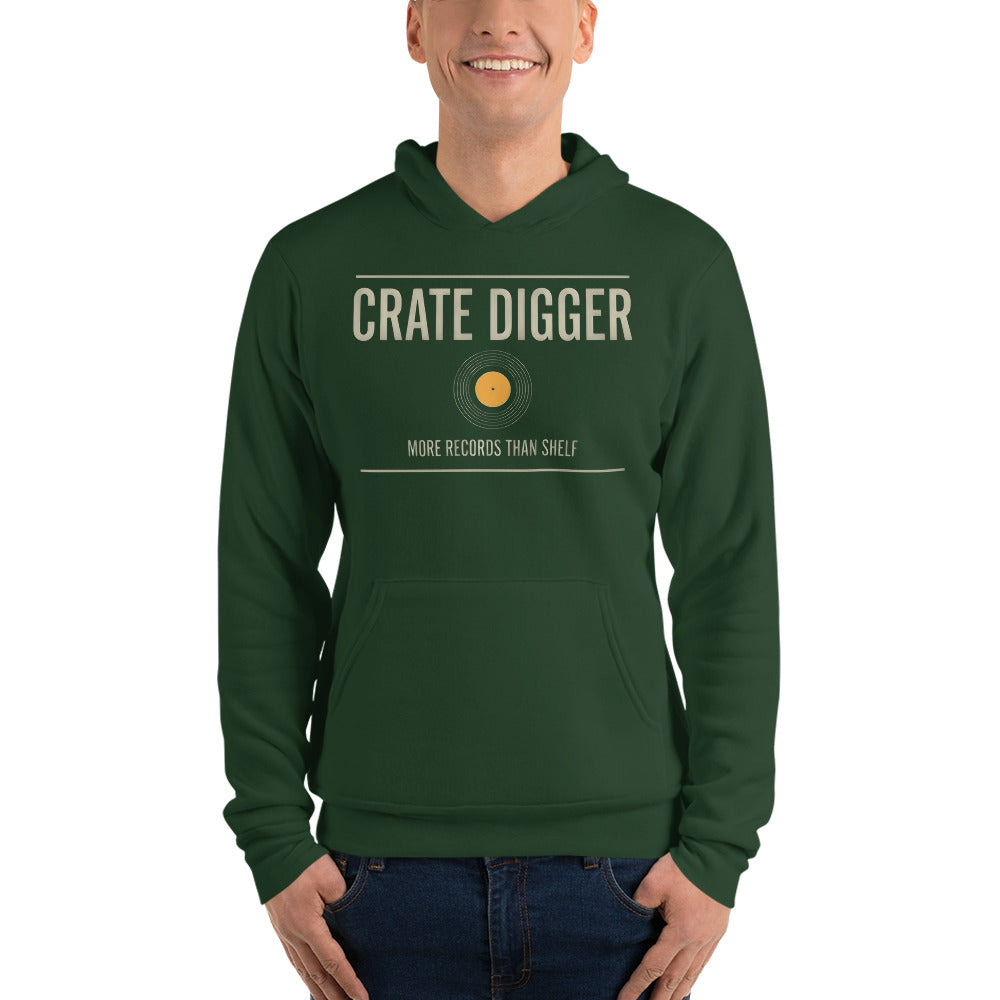 Crate Digger vinyl record hoodie — Forest, on model