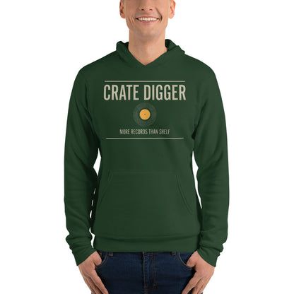 Crate Digger vinyl record hoodie — Forest, on model