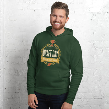 Draft Day Almanac vintage fantasy football draft hoodie — Forest, on model