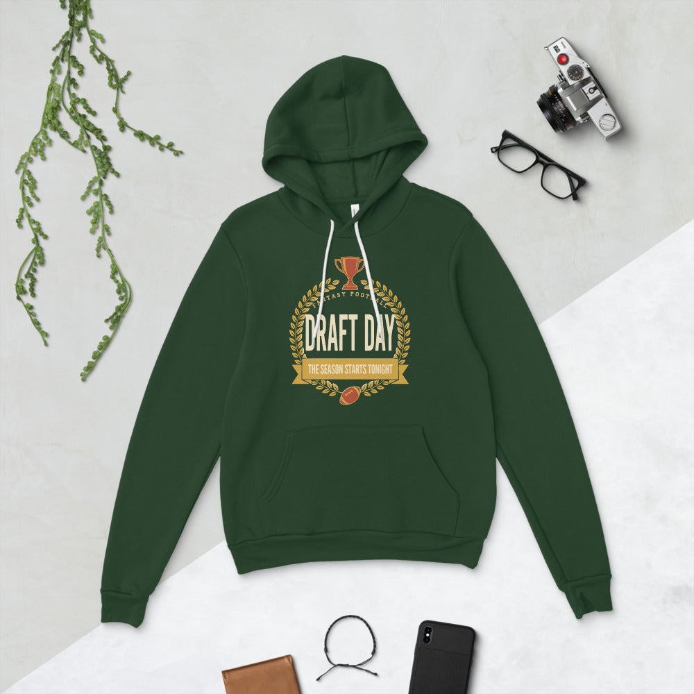 Draft Day Almanac vintage fantasy football draft hoodie — Forest, flat lay