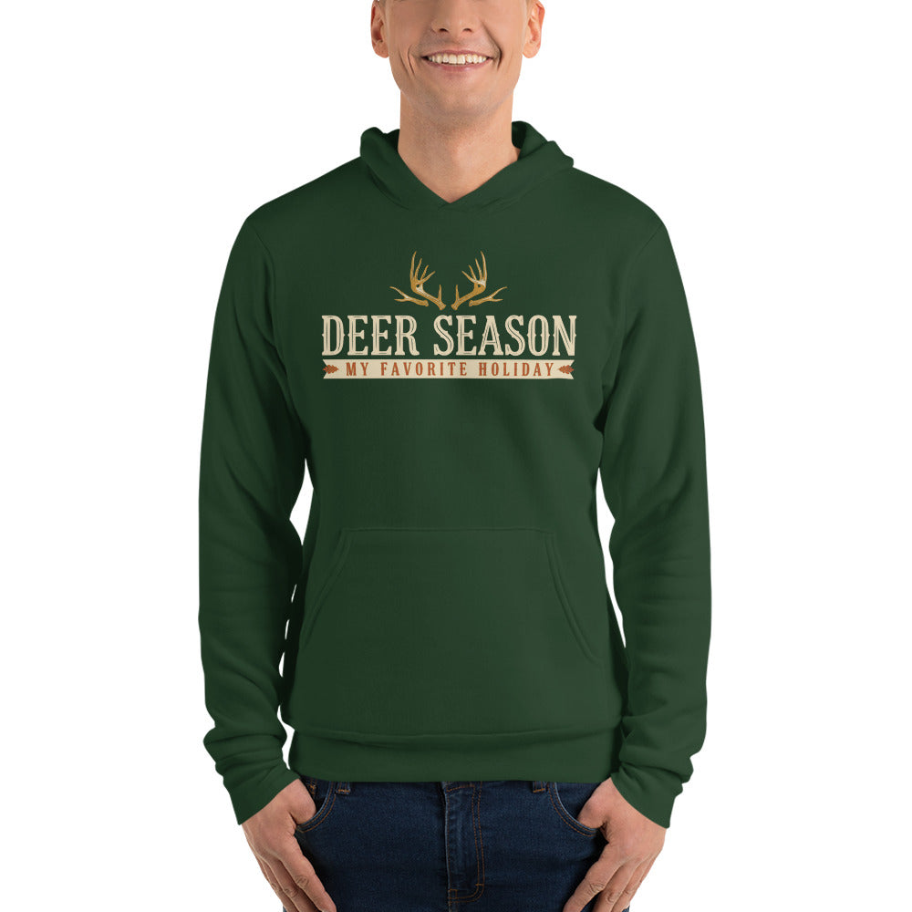 Deer Season My Favorite Holiday deer hunting hoodie — Forest, on model