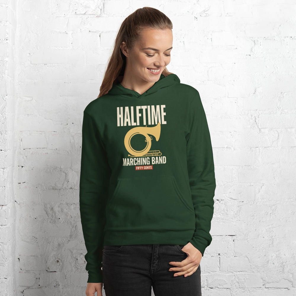 Official Halftime vintage marching band hoodie — Forest, on model