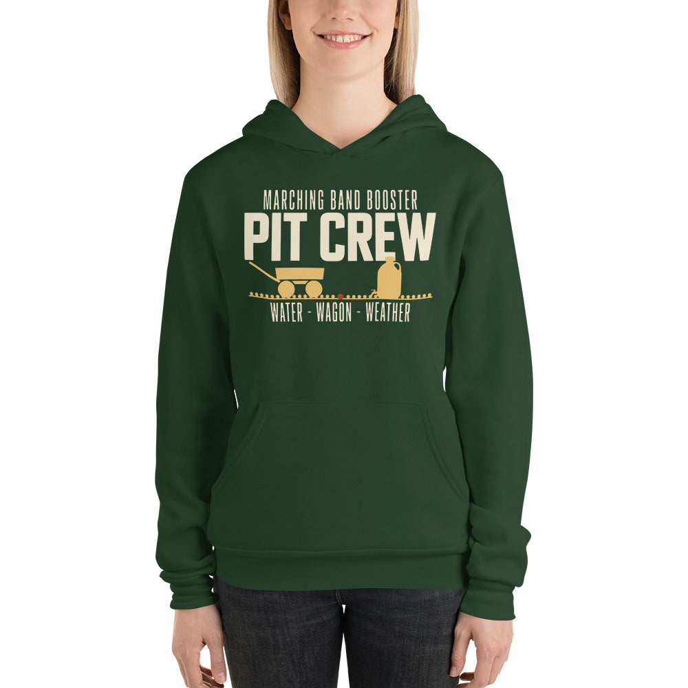 Pit Crew marching band booster hoodie — Forest, on model