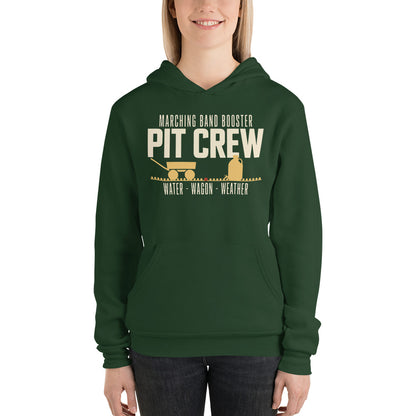 Pit Crew marching band booster hoodie — Forest, on model