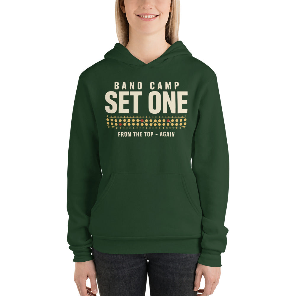 Set One marching band drill chart hoodie — Forest, on model