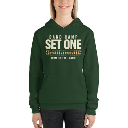 Set One marching band drill chart hoodie — Forest, on model
