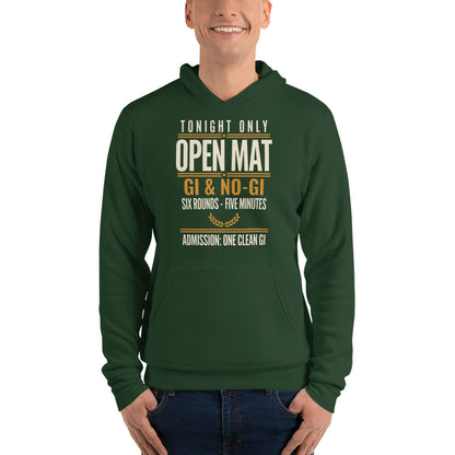 Open Mat Tonight Brazilian jiu jitsu hoodie — Forest, on model