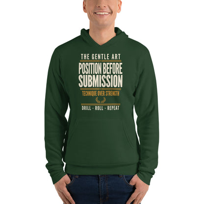 Position Before Submission Brazilian jiu jitsu hoodie — Forest, on model