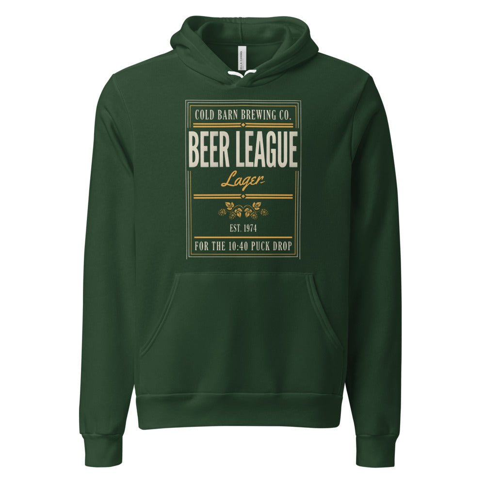 Beer League Cold Barn Brewing lager hoodie — Forest, front