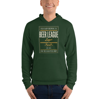 Beer League Cold Barn Brewing lager hoodie — Forest, on model
