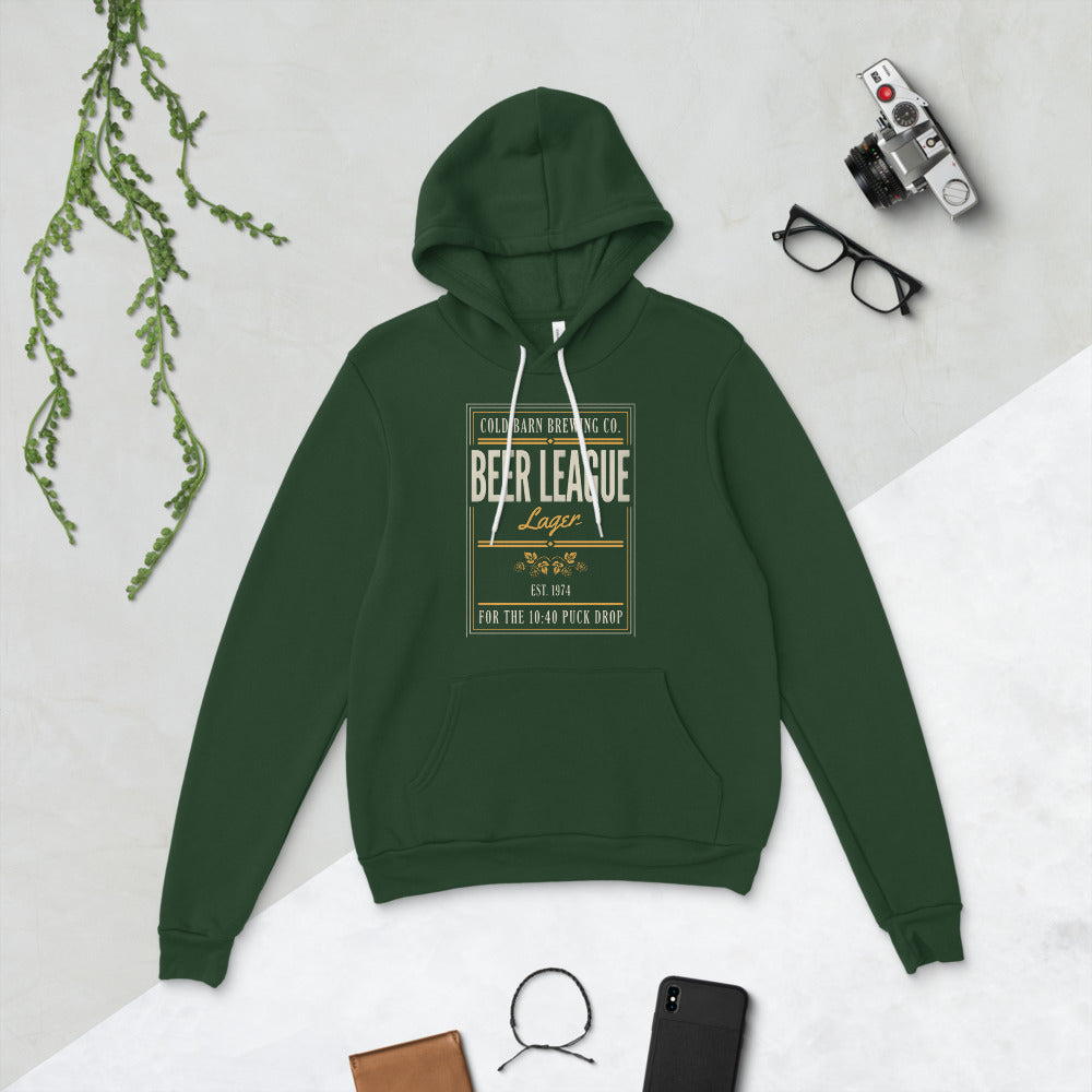 Beer League Cold Barn Brewing lager hoodie — Forest, flat lay