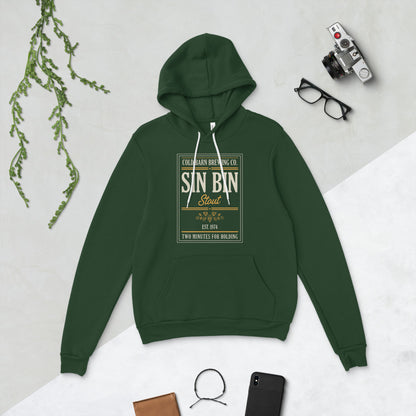 Beer League Sin Bin Stout brewery label hoodie — Forest, flat lay