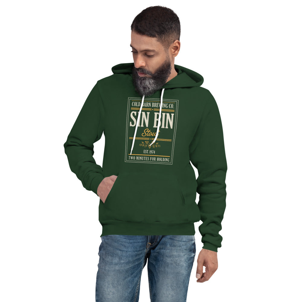 Beer League Sin Bin Stout brewery label hoodie — Forest, on model