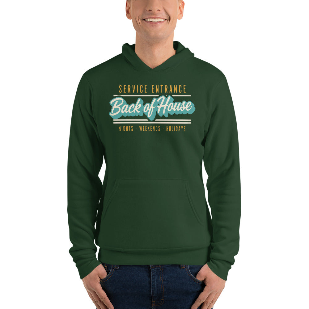 Line Cook Back of House retro diner service sign hoodie — Forest, on model