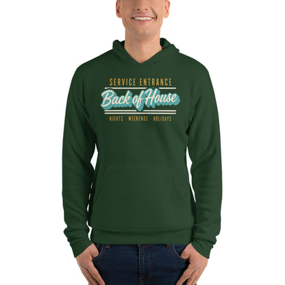 Line Cook Back of House retro diner service sign hoodie — Forest, on model