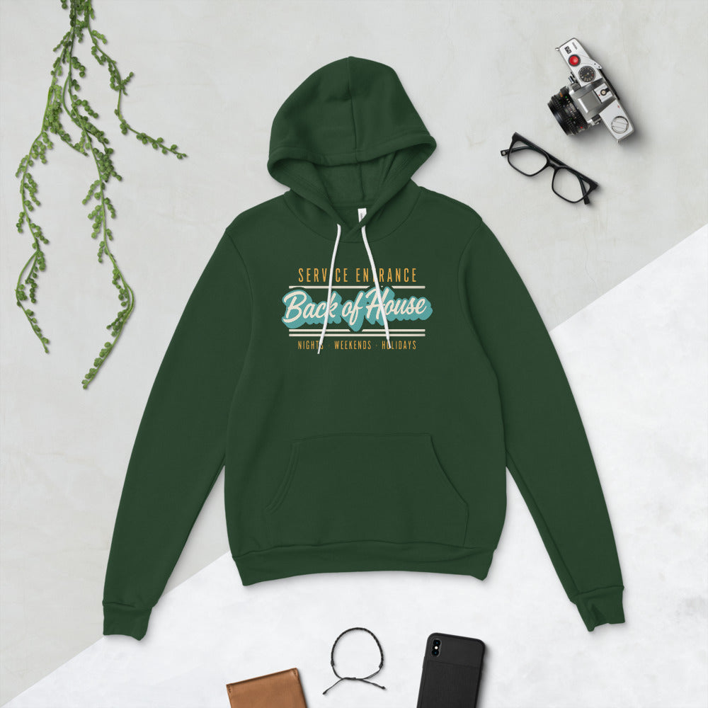 Line Cook Back of House retro diner service sign hoodie — Forest, flat lay