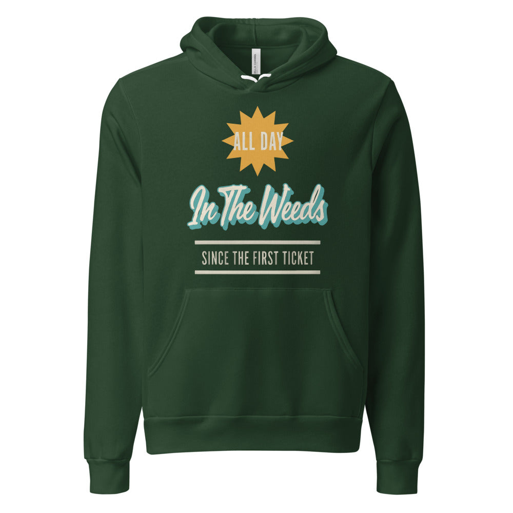 In The Weeds line cook retro diner service sign hoodie — Forest, front