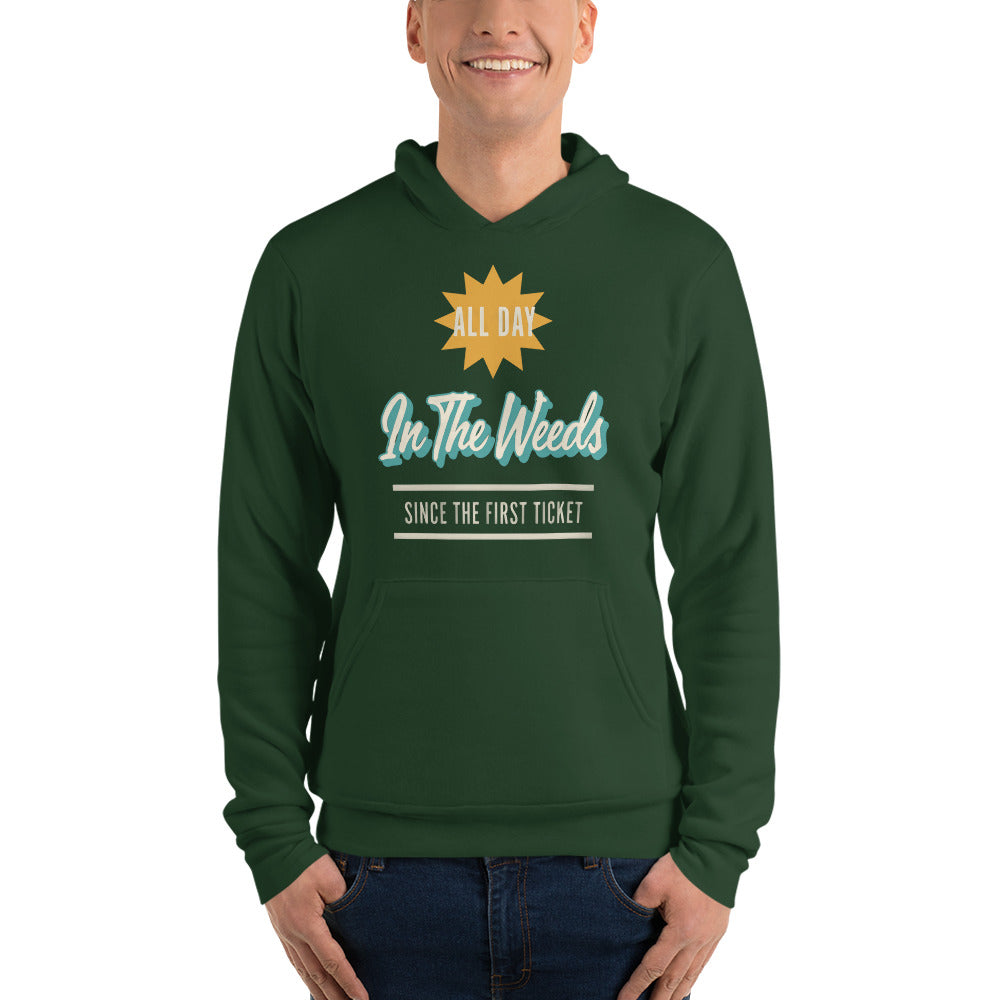In The Weeds line cook retro diner service sign hoodie — Forest, on model