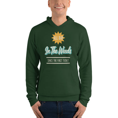 In The Weeds line cook retro diner service sign hoodie — Forest, on model