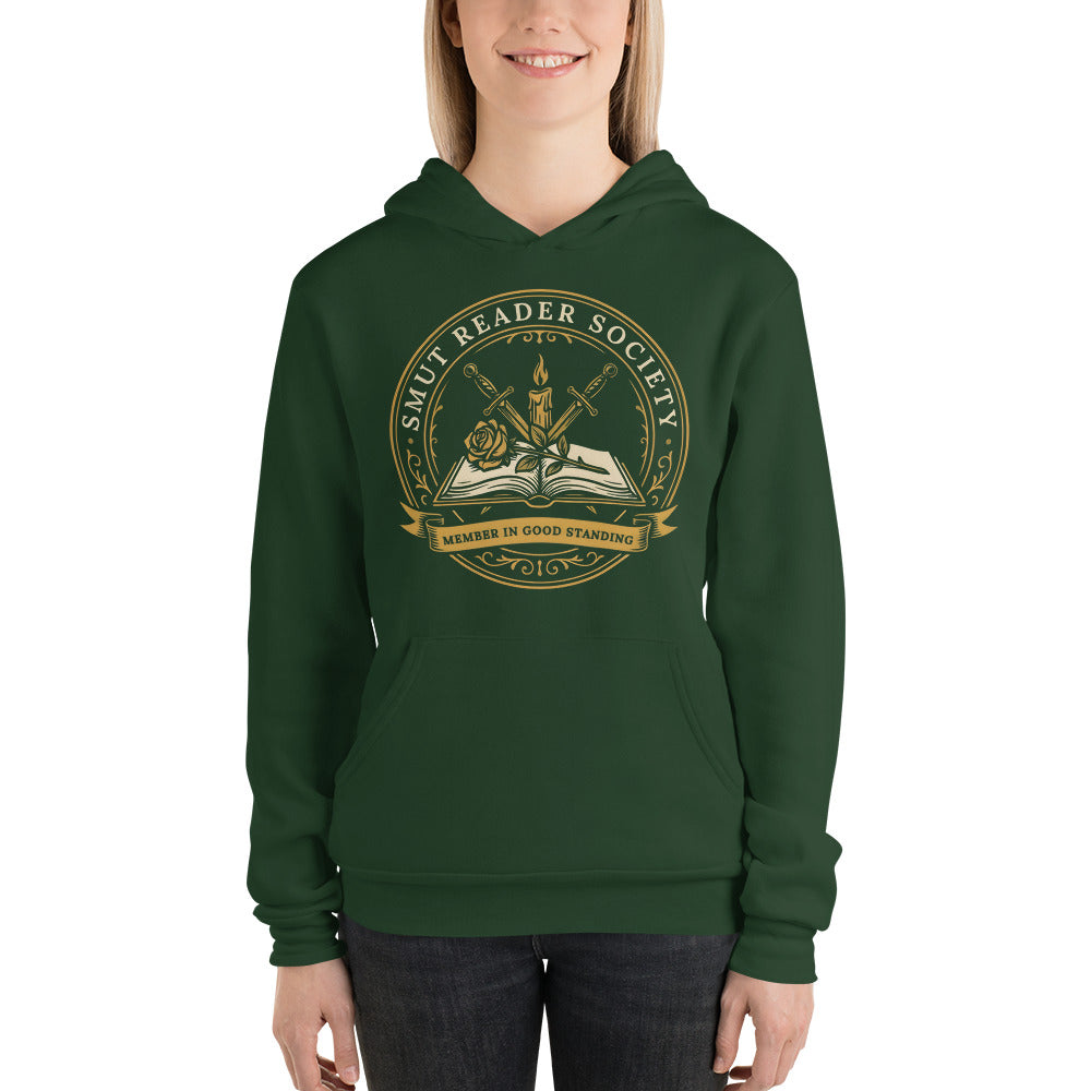 Smut Reader Society book lover dark academia hoodie — Forest, on model
