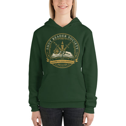 Smut Reader Society book lover dark academia hoodie — Forest, on model