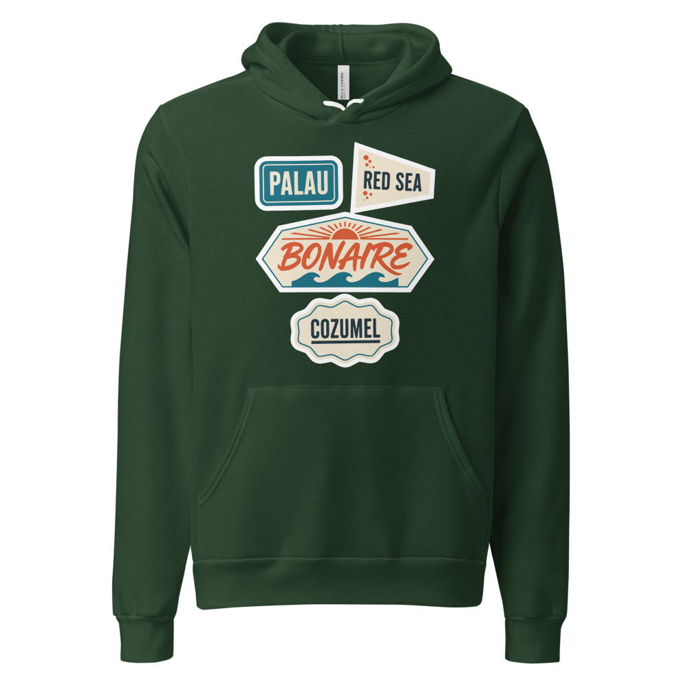 Vintage scuba diving dive sites travel decal hoodie — Forest, front