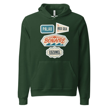 Vintage scuba diving dive sites travel decal hoodie — Forest, front