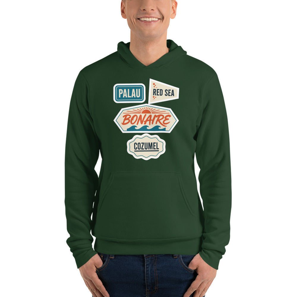 Vintage scuba diving dive sites travel decal hoodie — Forest, on model