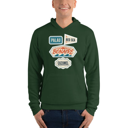 Vintage scuba diving dive sites travel decal hoodie — Forest, on model
