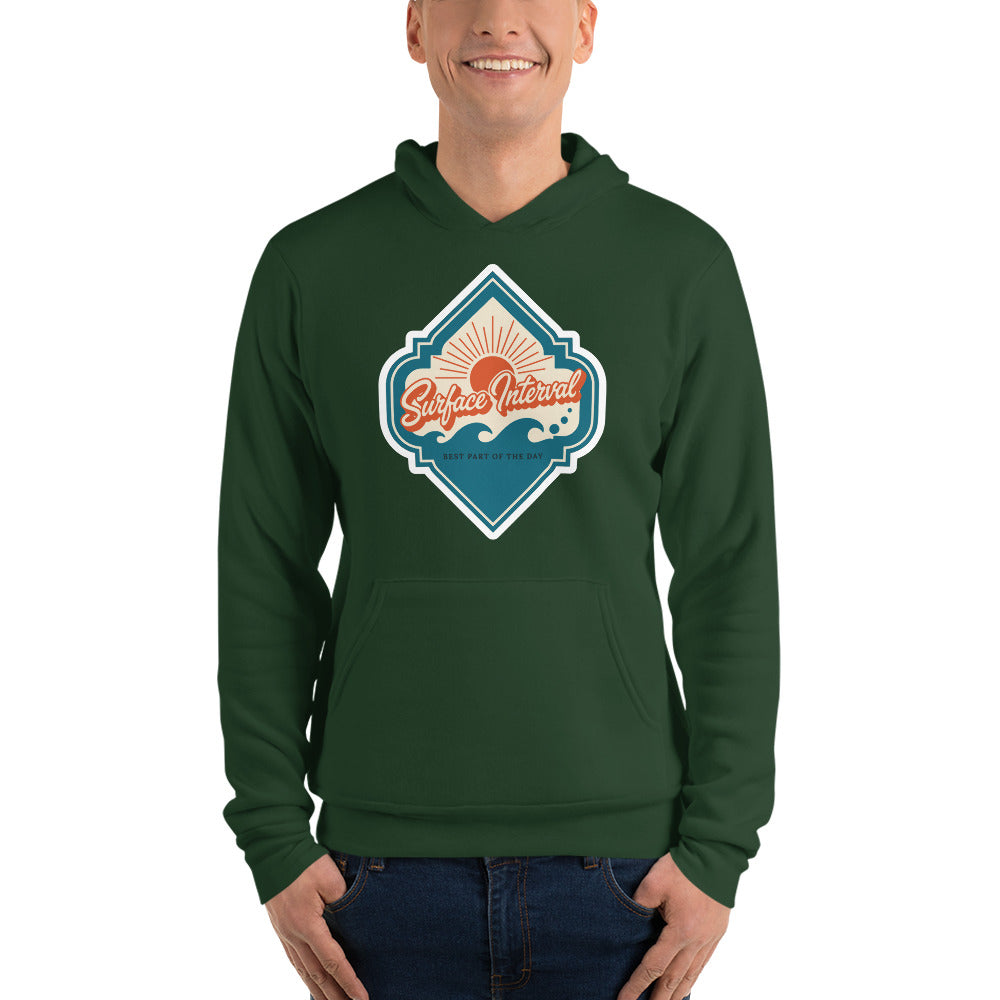 Surface Interval vintage scuba diving travel decal hoodie — Forest, on model