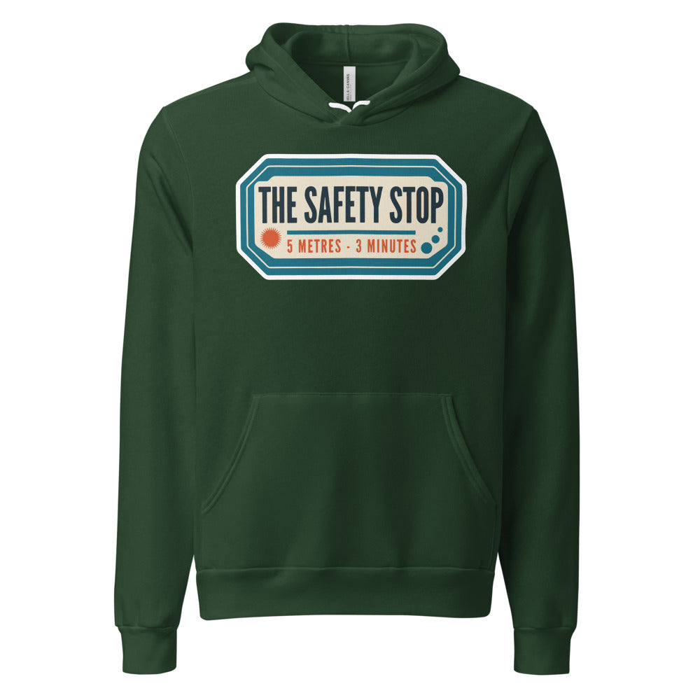 The Safety Stop vintage scuba diving travel decal hoodie — Forest, front