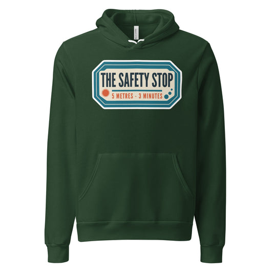 The Safety Stop vintage scuba diving travel decal hoodie — Forest, front