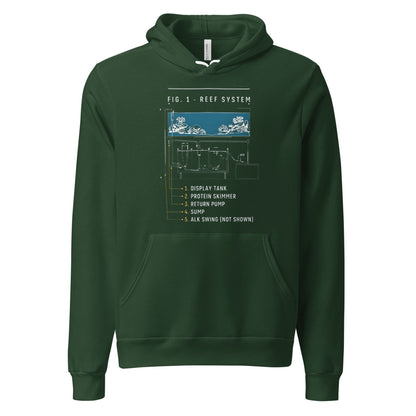 Reef System technical cutaway saltwater aquarium hoodie — Forest, front