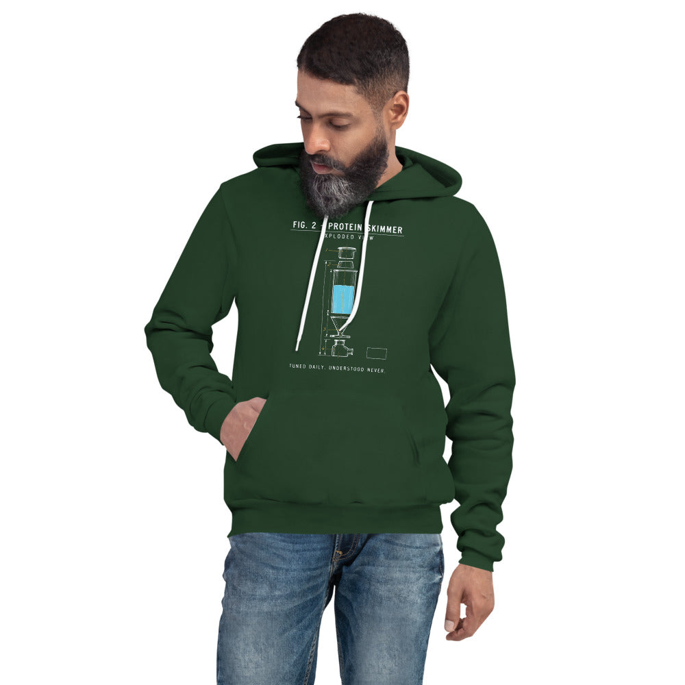 Protein Skimmer Exploded View reef tank saltwater aquarium hoodie — Forest, on model