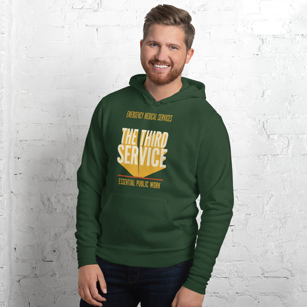 The Third Service EMS hoodie — Forest, on model