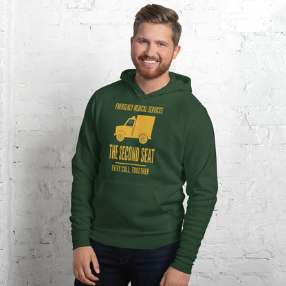 The Second Seat EMS paramedic hoodie — Forest, on model