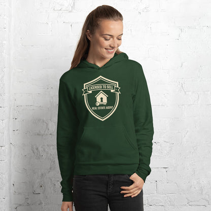 Licensed to Sell real estate agent hoodie — Forest, on model