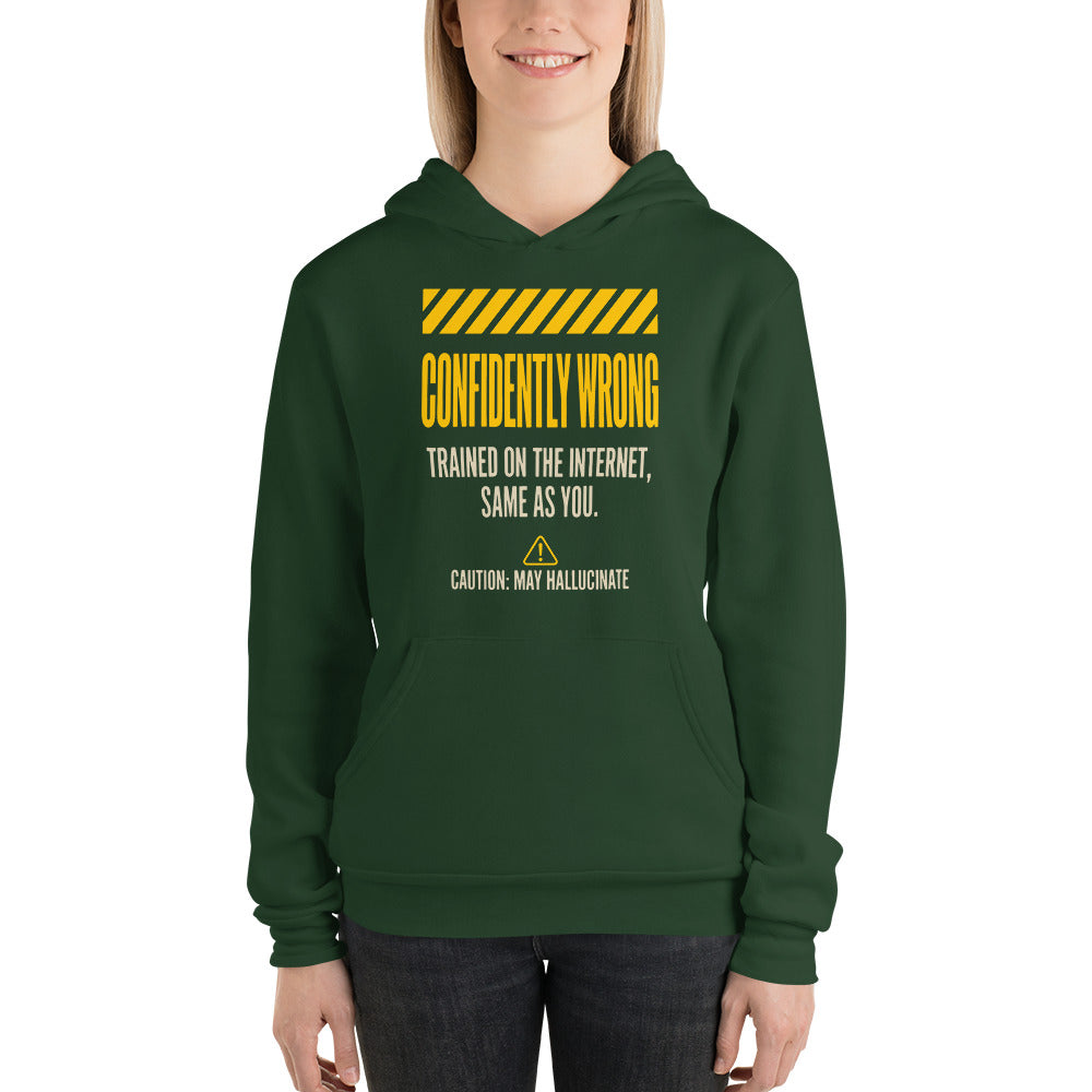 Confidently Wrong AI hazard-label pullover hoodie — Forest, on model