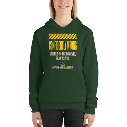 Confidently Wrong AI hazard-label pullover hoodie — Forest, on model