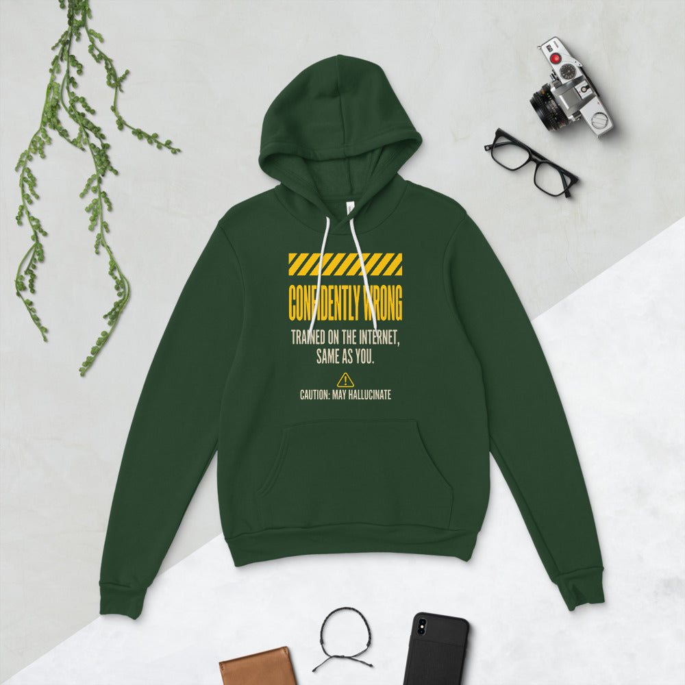 Confidently Wrong AI hazard-label pullover hoodie — Forest, flat lay