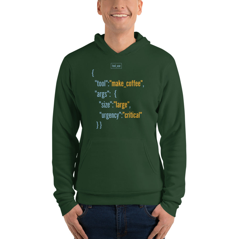 Tool Call Make Coffee AI engineer hoodie — Forest, on model