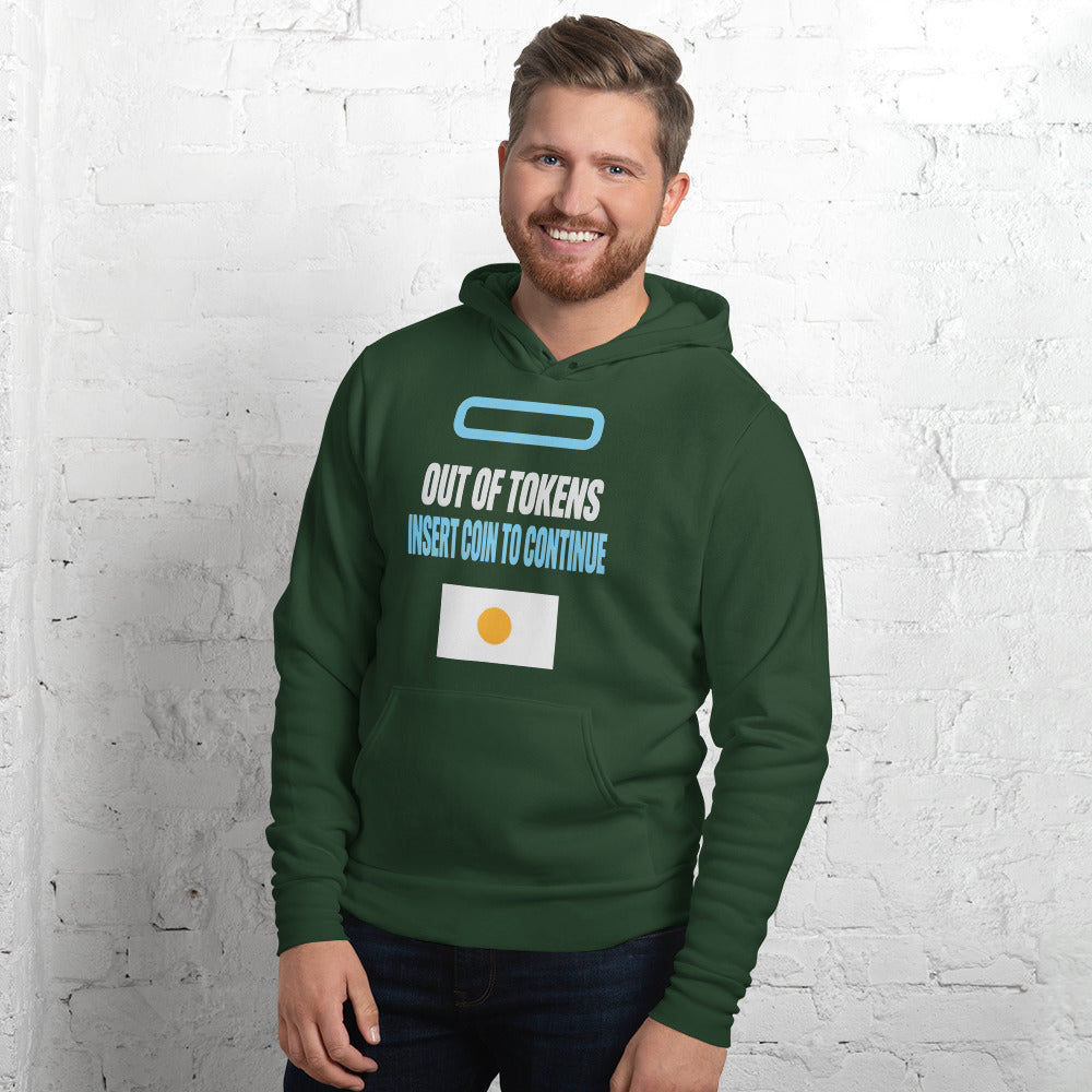 Insert Coin To Continue out of tokens hoodie — Forest, on model