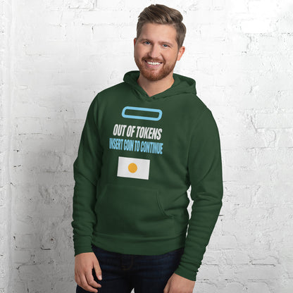 Insert Coin To Continue out of tokens hoodie — Forest, on model