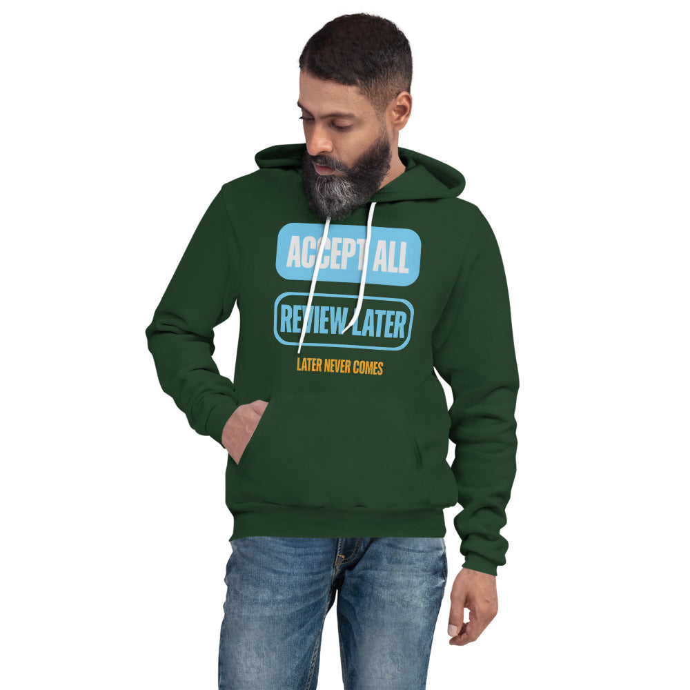 Accept All Review Later hoodie — Forest, on model