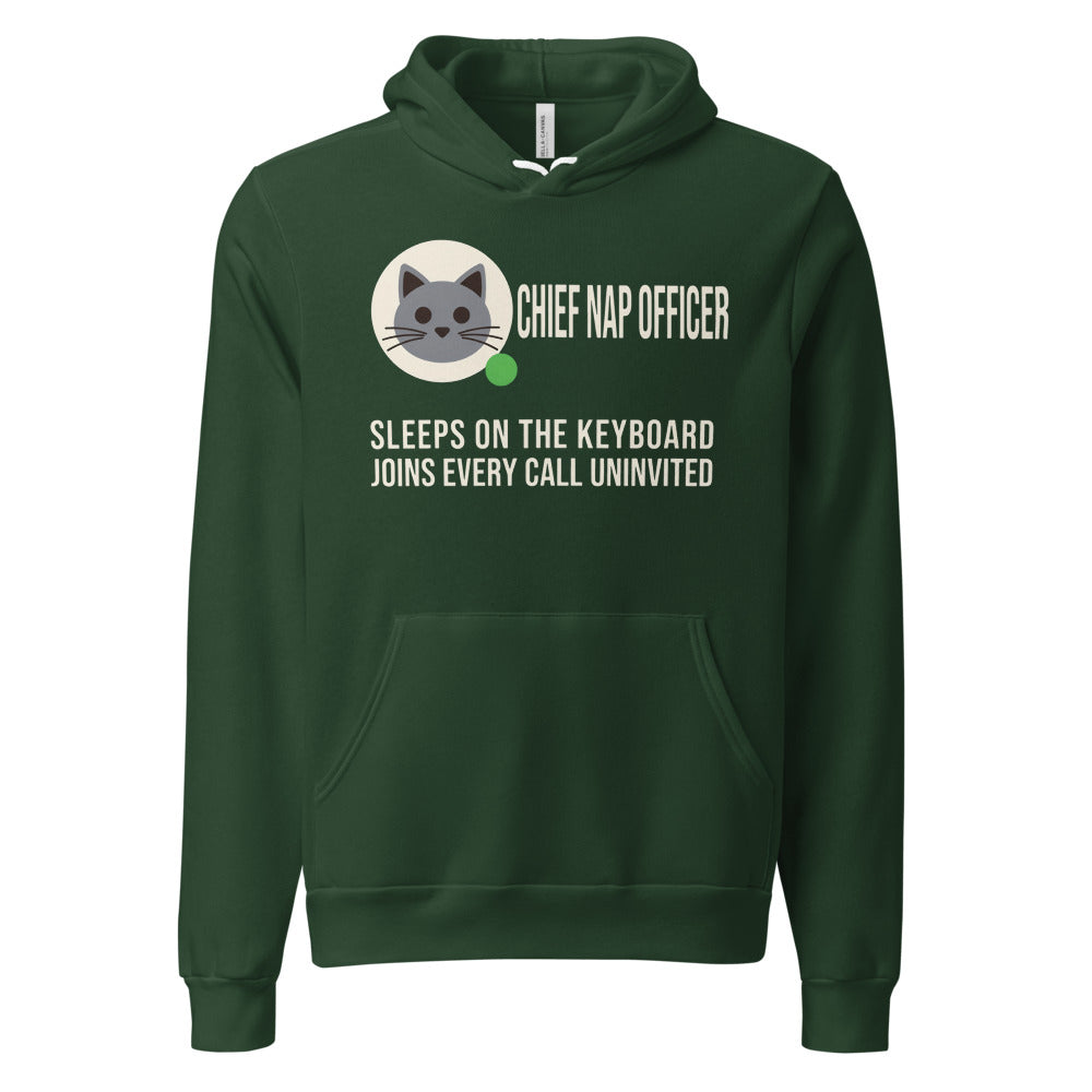 Chief Nap Officer cat profile card unisex hoodie — Forest, front