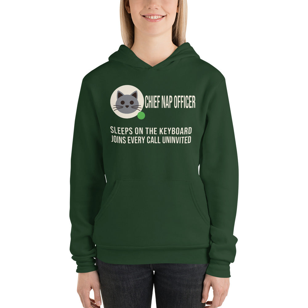 Chief Nap Officer cat profile card unisex hoodie — Forest, on model