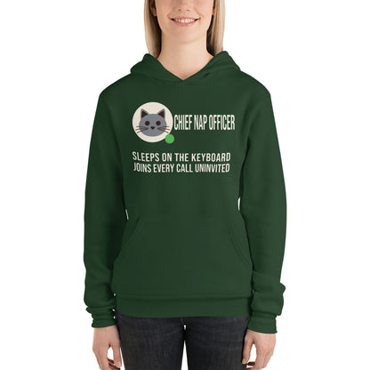 Chief Nap Officer cat profile card unisex hoodie — Forest, on model