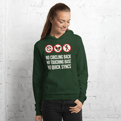 No Circling Back corporate jargon prohibition signs pullover hoodie — Forest, on model