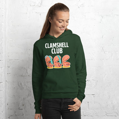 Clamshell Club funny physical therapy hoodie — Forest, on model