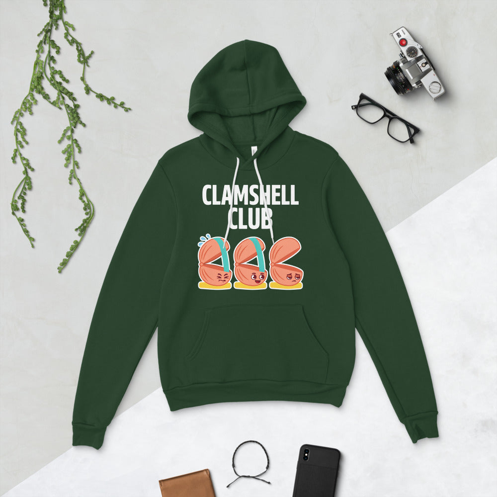 Clamshell Club funny physical therapy hoodie — Forest, flat lay